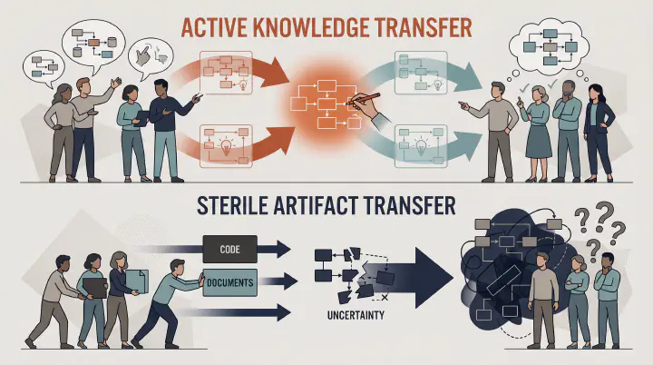 Software transfer succeeds when theory moves with people and fails when only code and documents move