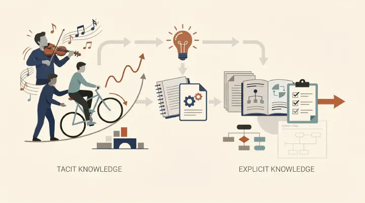 Tacit knowledge must be learned through practice and experience, while explicit knowledge can be transferred through documents and instructions