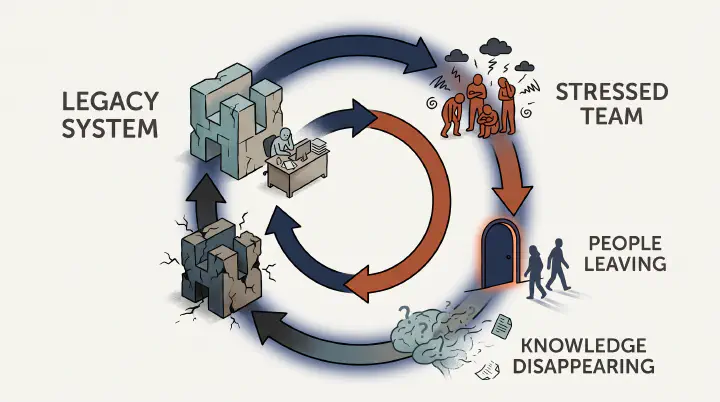 Legacy as a self-reinforcing loop of stress, departures, knowledge loss and increasing system fragility