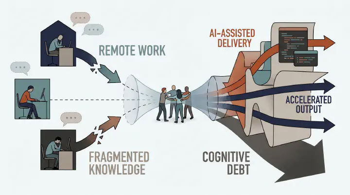 Remote work and AI-assisted delivery eroding knowledge continuity and increasing cognitive debt