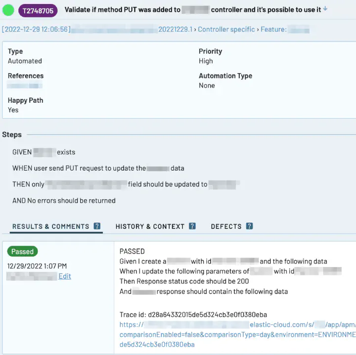 Link to Elastic trace integrated into TestRail